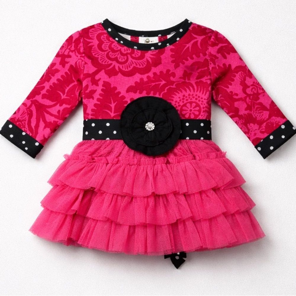 Ann Loren fuchsia and black ruffle skirt long sleeve dress size 12-18 months NWT